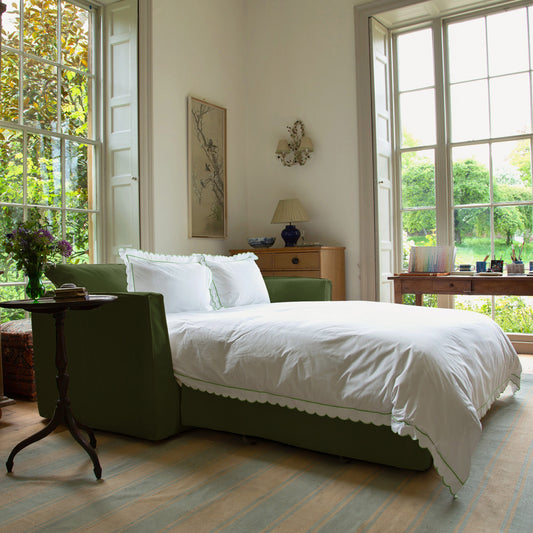 Coco 2.5 seater sofa bed with Self Piped Knife Edge cushion in Cotton Linen Evergreen - Made to Order