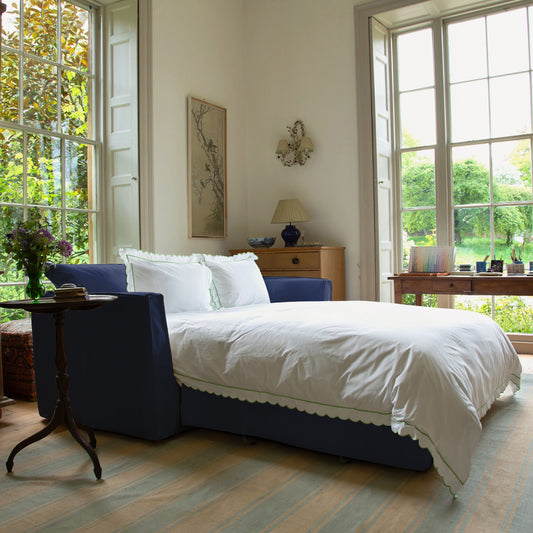 Coco 2.5 seater sofa bed with Self Piped Knife Edge cushion in Cotton Linen Inkspot - Made to Order