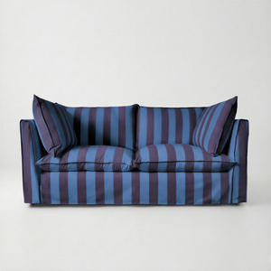 Coco 2.5 seater sofa with Self Piped Knife Edge cushion in Coastal Blue Stripes - Made to Order