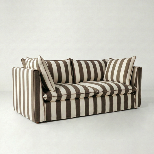 Coco 2.5 seater sofa with Knife Edge cushion in Stripe Chocolate - Made To Order