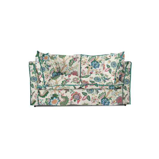 Coco 2 seater sofa with Knife Edge cushion in Kitty Spring Green with Velvet Trim - Made to order (Available for quick ship)