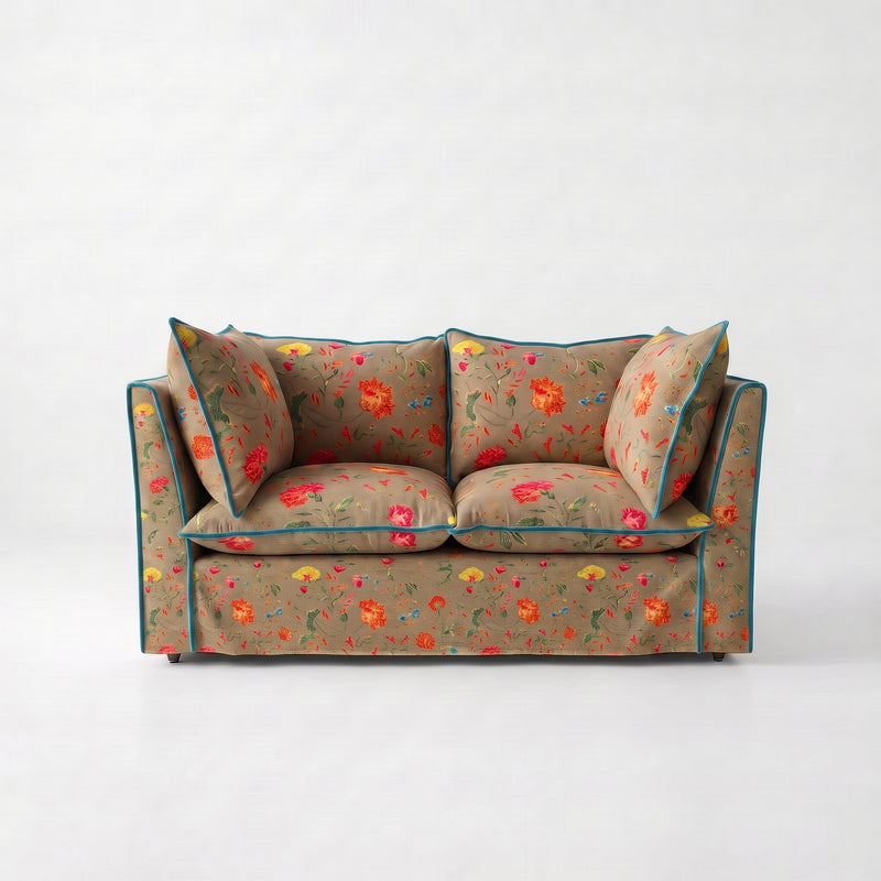 Coco 2 seater sofa with Contrast Piped Knife Edge cushion in Andrew Martin Wildwood Twig - Made to order