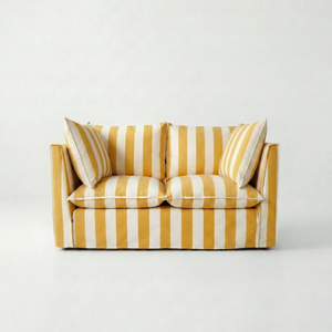 Coco 2 seater sofa with Knife Edge cushion in Stripe Dandelion - Made To Order