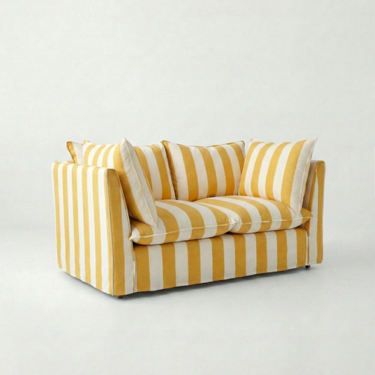 Coco 2 seater sofa with Knife Edge cushion in Stripe Dandelion - Made To Order