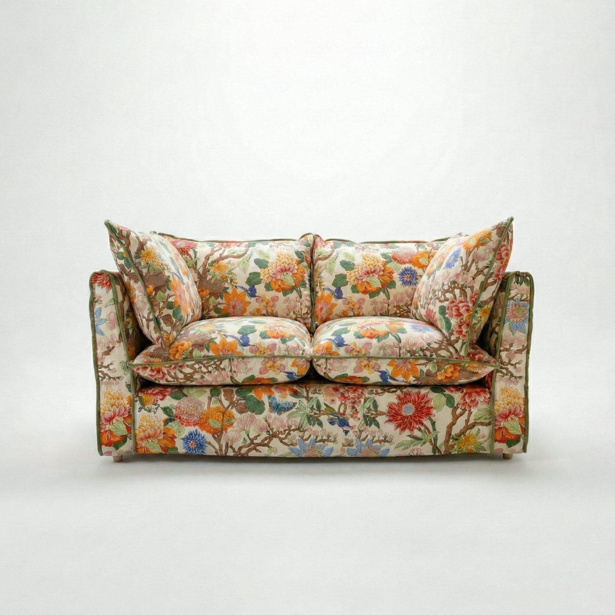Coco 2 seater sofa with Contrast Piped Knife Edge cushion in GP & J Baker Magnolia Cream Blue - Made to order