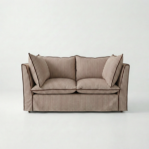 Coco 2 seater sofa with Knife Edge cushion in Narrow Chocolate Stripes - Made To Order