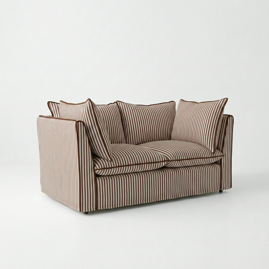 Coco 2 seater sofa with Knife Edge cushion in Narrow Chocolate Stripes - Made To Order