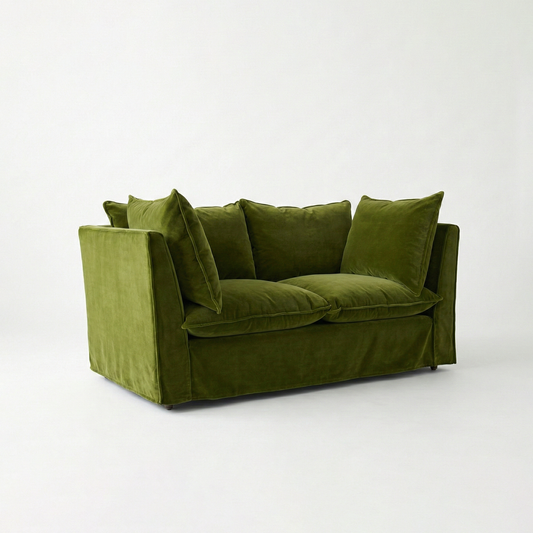 Coco 2 seater sofa with Knife Edge cushion in Pelham Moss Velvet - Made To Order