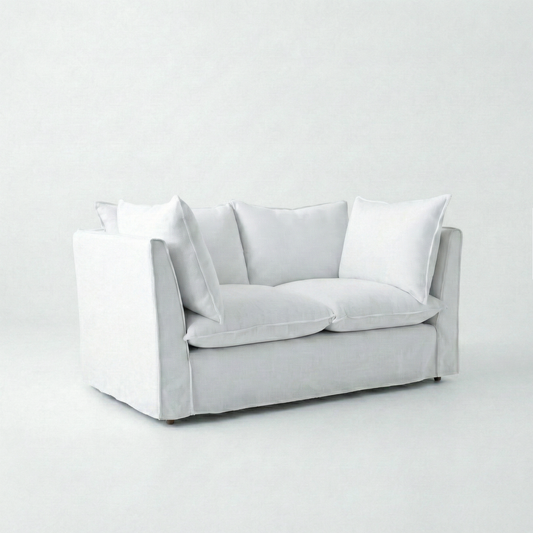 Coco 2 seater sofa with Knife Edge cushion in Cotton Linen Snow Drop - Made To Order