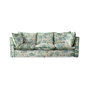 Coco 3.5 seater sofa with Knife Edge cushion in Kitty Blue Green with Velvet Trim - Made to Order