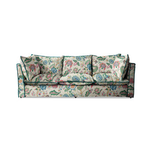 Coco 3.5 seater sofa with Knife Edge cushion in Kitty Spring Green with Velvet Trim - Made to Order
