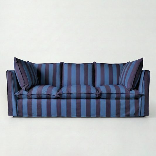 Coco 3.5 seater sofa with Self Piped Knife Edge cushion in Coastal Blue Stripes - Made to Order