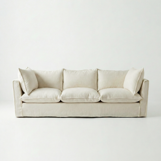 Coco 3.5 seater sofa with Self Piped Knife Edge cushion in Cotton Linen Cool Coconut - Available for quick ship