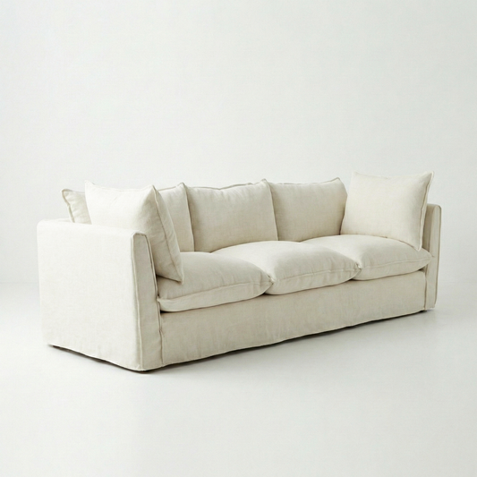 Coco 3.5 seater sofa with Self Piped Knife Edge cushion in Cotton Linen Cool Coconut - Available for quick ship