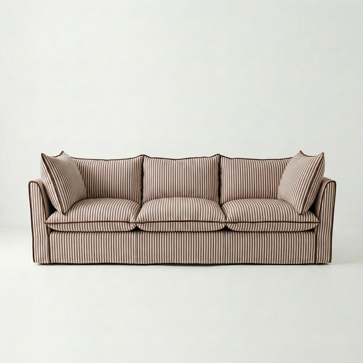 Coco 3.5 seater sofa with Self Piped Knife Edge cushion in Narrow Chocolate Stripes - Made to Order