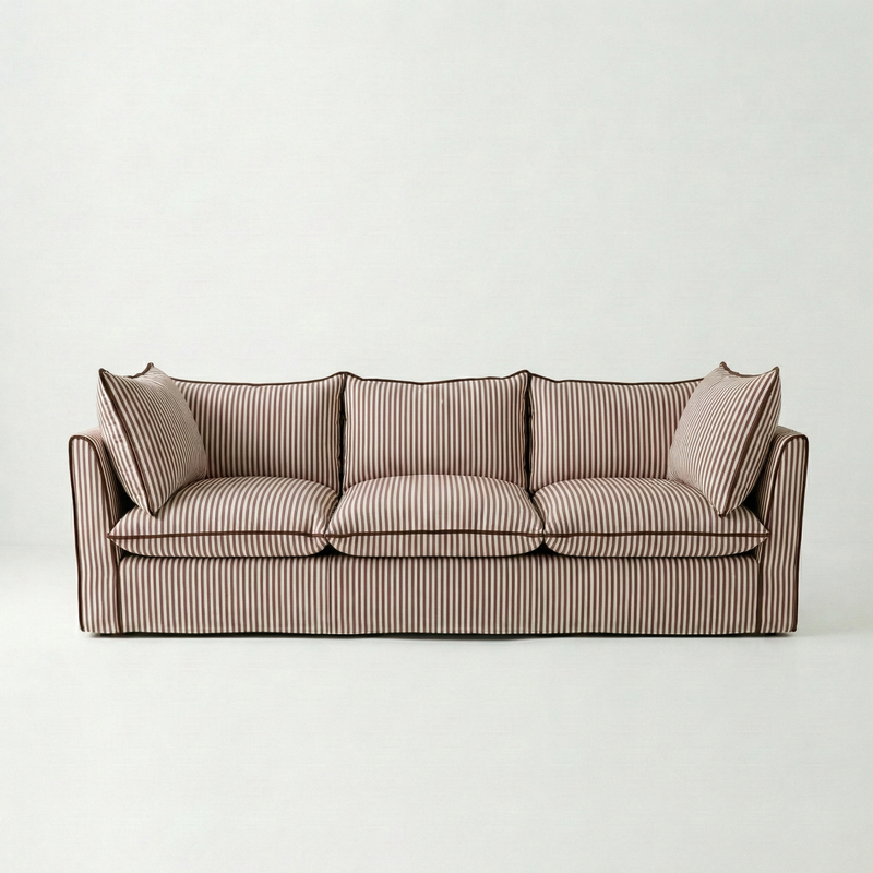 Coco 3.5 seater sofa with Self Piped Knife Edge cushion in Narrow Chocolate Stripes - Made to Order