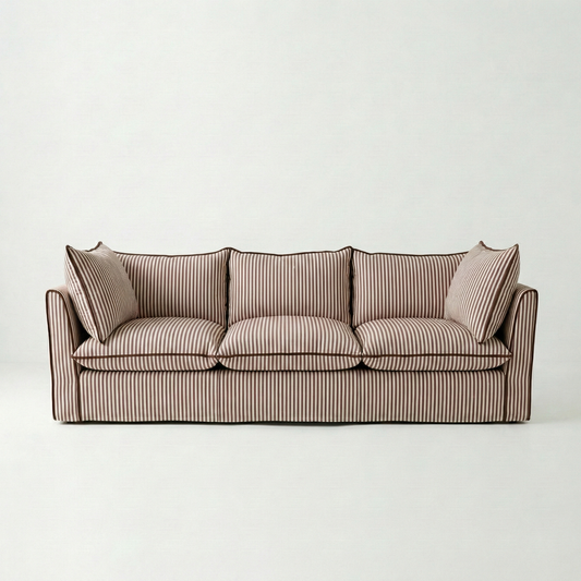 Coco 3.5 seater sofa with Self Piped Knife Edge cushion in Narrow Chocolate Stripes - Made to Order