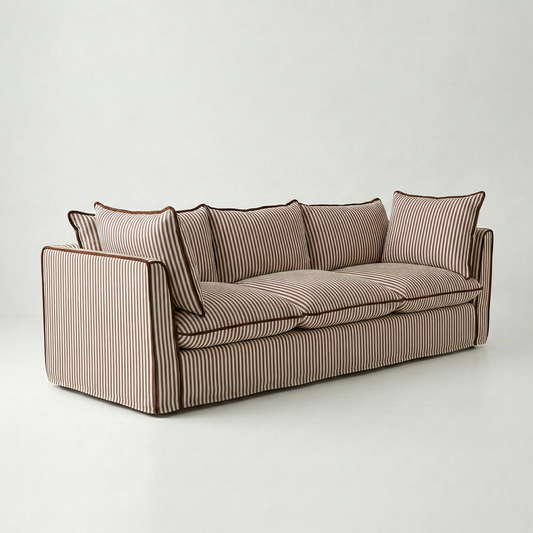Coco 3.5 seater sofa with Self Piped Knife Edge cushion in Narrow Chocolate Stripes - Made to Order
