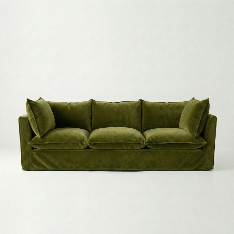 Coco 3.5 seater sofa with Knife Edge cushion in Pelham Moss Velvet - Made To Order
