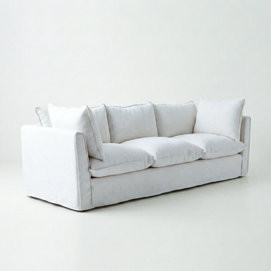 Coco 3.5 seater sofa with Self Piped Knife Edge cushion in Cotton Linen Snow Drop - Made to order