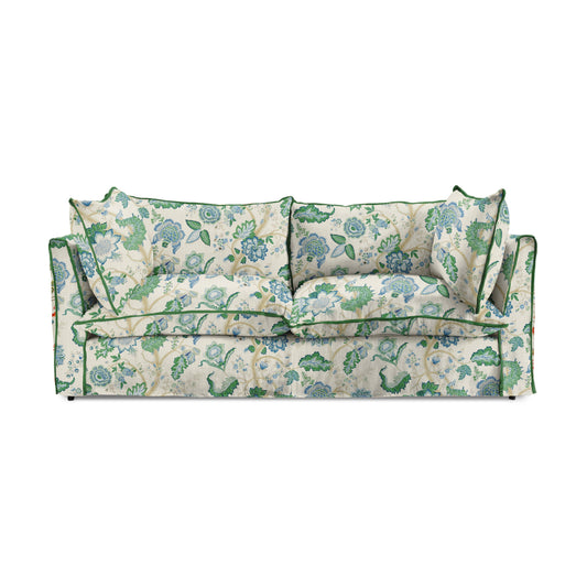 Coco 3 seater sofa with Knife Edge cushion in Kitty Blue Green with Velvet Trim - Made to Order (Available for quick ship)