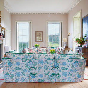 Coco 3.5 seater sofa with Knife Edge cushion in Kitty Blue Green with Velvet Trim - Made to Order