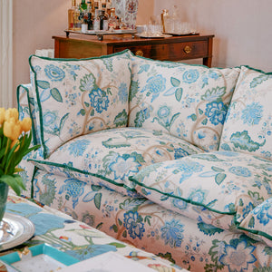 Coco 3.5 seater sofa with Knife Edge cushion in Kitty Blue Green with Velvet Trim - Made to Order