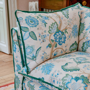 Coco 3.5 seater sofa with Knife Edge cushion in Kitty Blue Green with Velvet Trim - Made to Order