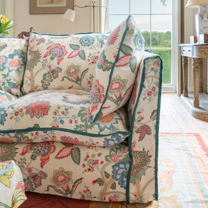 Coco 3.5 seater sofa with Knife Edge cushion in Kitty Spring Green with Velvet Trim - Made to Order