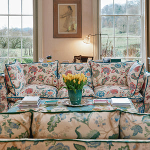 Coco 3.5 seater sofa with Knife Edge cushion in Kitty Spring Green with Velvet Trim - Made to Order