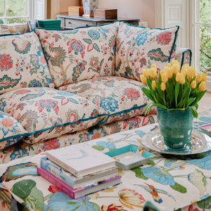 Coco 3.5 seater sofa with Knife Edge cushion in Kitty Spring Green with Velvet Trim - Made to Order