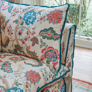Coco 3.5 seater sofa with Knife Edge cushion in Kitty Spring Green with Velvet Trim - Made to Order