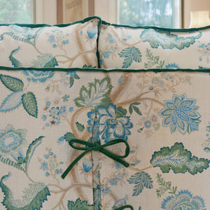 Coco 3.5 seater sofa with Knife Edge cushion in Kitty Blue Green with Velvet Trim - Made to Order