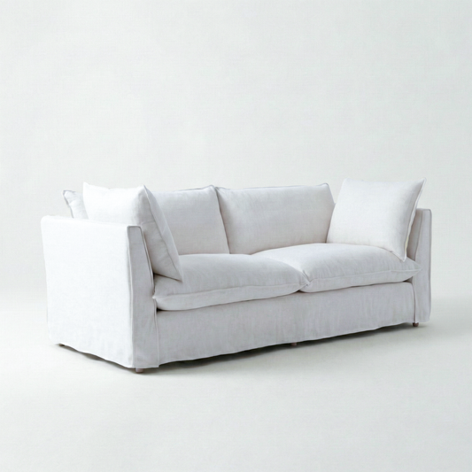 Coco 3 seater sofa with Self Piped Knife Edge cushion in Cotton Linen Snow Drop - Available for quick ship
