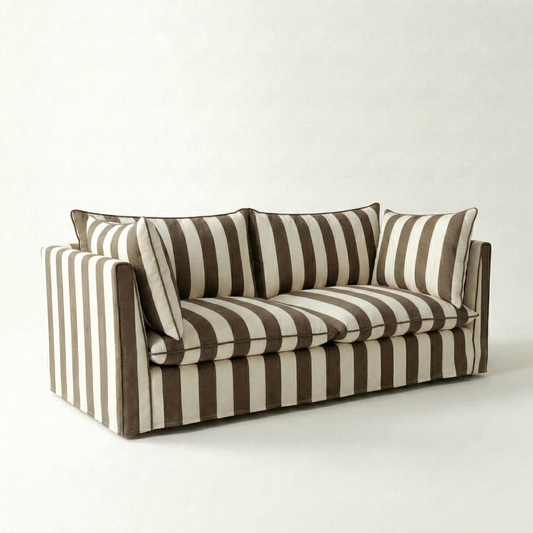 Coco 3 seater sofa with Knife Edge cushion in Stripe Chocolate - Made To Order