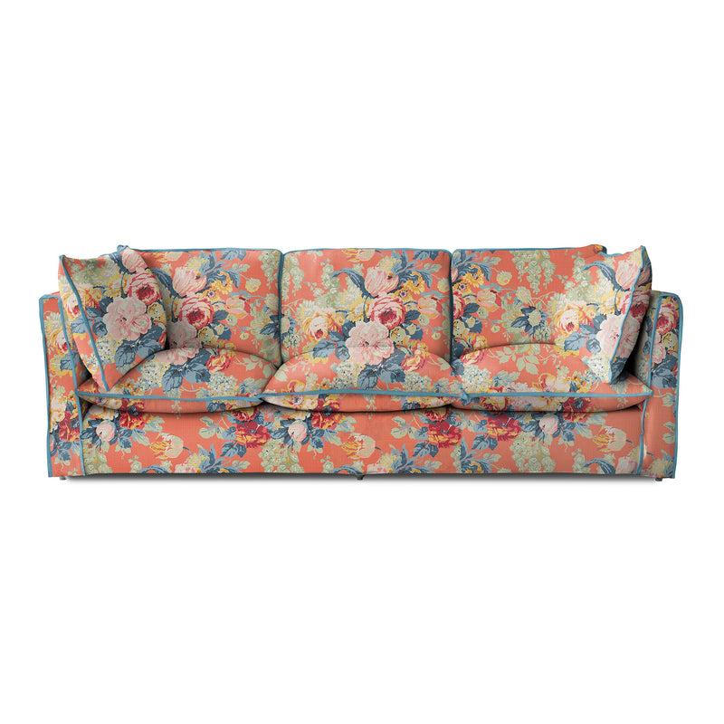 Coco 4 seater sofa with Knife Edge cushion in English Garden Coral Orange with Velvet Trim - Made to Order
