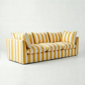 Coco 4 seater sofa with Self Piped Knife Edge cushion in Stripe Dandelion - Made to Order