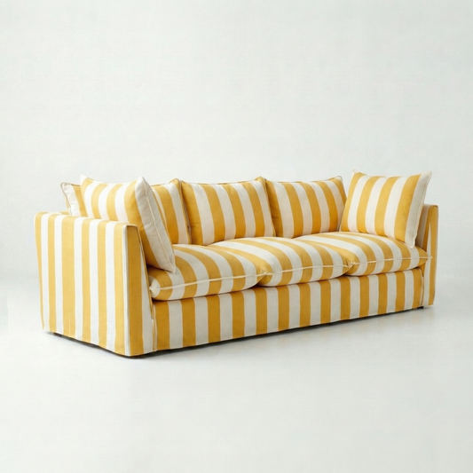 Coco 4 seater sofa with Self Piped Knife Edge cushion in Stripe Dandelion - Made to Order