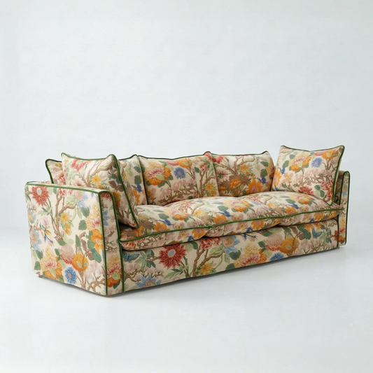 Coco 4 seater sofa with Contrast Piped Knife Edge cushion in Magnolia Cream Blue - Made to Order