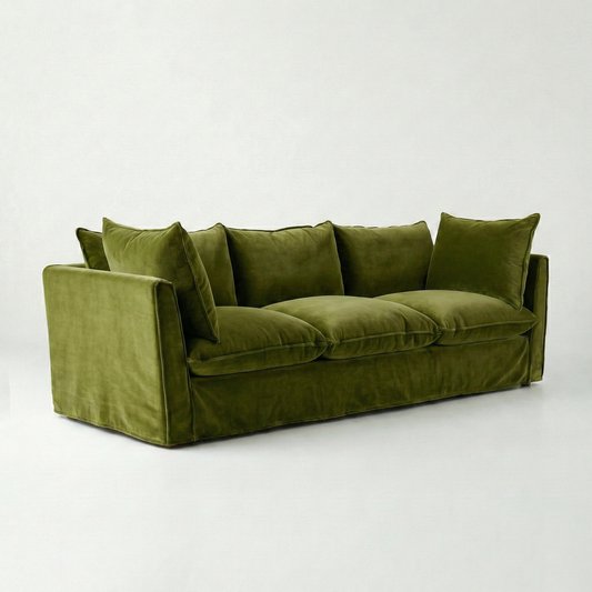 Coco 4 seater sofa with Knife Edge cushion in Pelham Moss Velvet - Made To Order