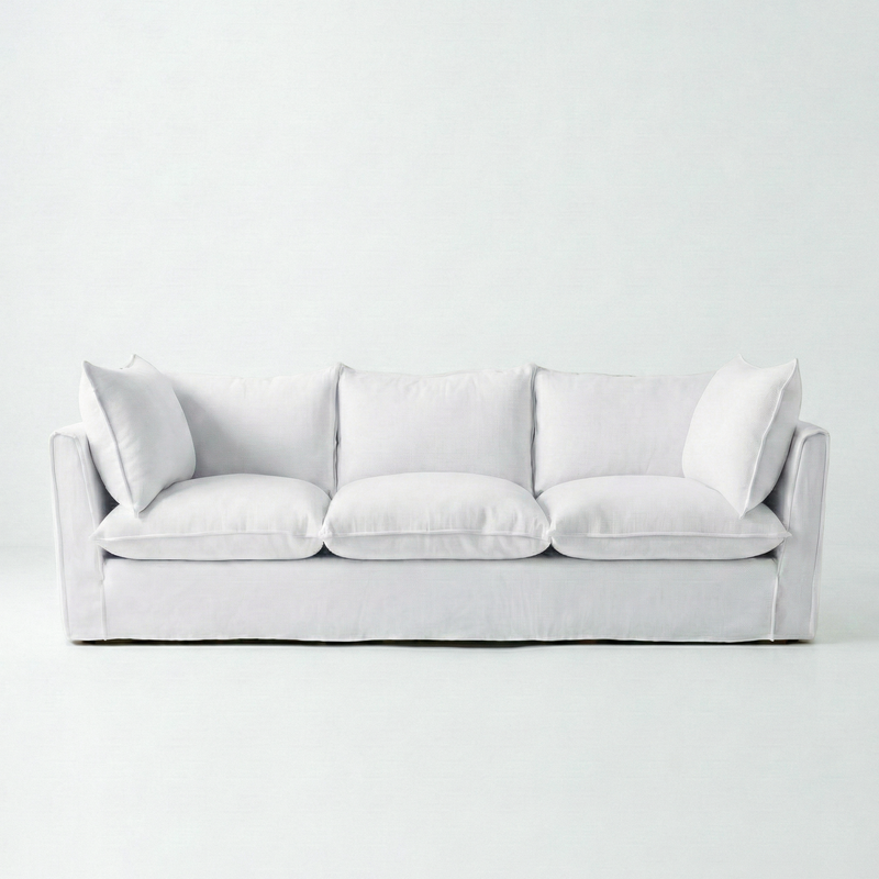Coco 4 seater sofa with Self Piped Knife Edge cushion in Cotton Linen Snow Drop - Made to Order