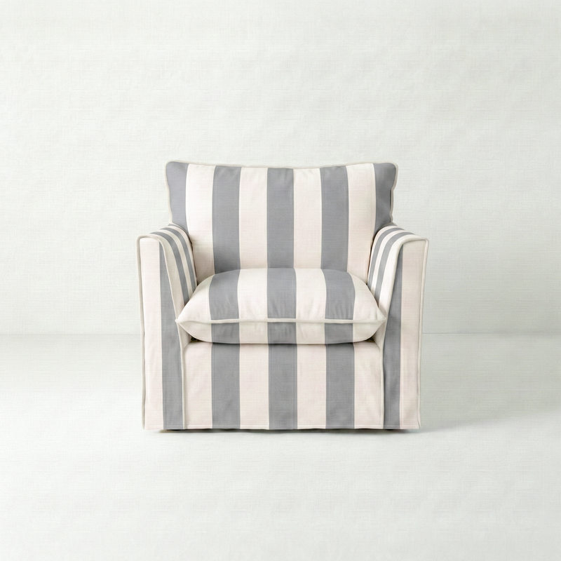 Coco Armchair with Knife Edge cushion in Garden Grey Stripes - Made To Order