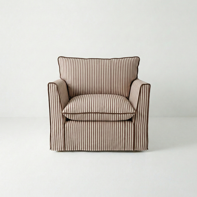 Coco Armchair with Knife Edge cushion in Narrow Chocolate Stripes - Made To Order