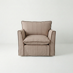 Coco Armchair with Knife Edge cushion in Narrow Chocolate Stripes - Made To Order