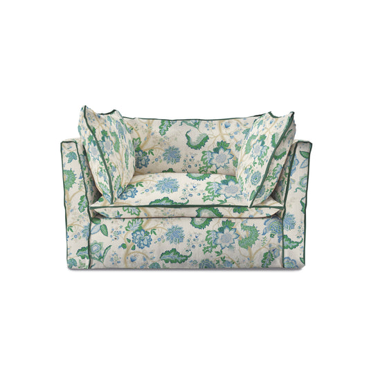 Coco Loveseat with Knife Edge cushion in Kitty Blue Green with Velvet Trim - Made to order (Available for quick ship)