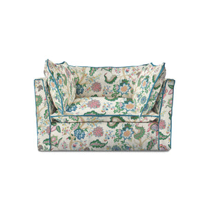 Coco Loveseat with Knife Edge cushion in Kitty Spring Green with Lagoon Velvet Trim - Made to order