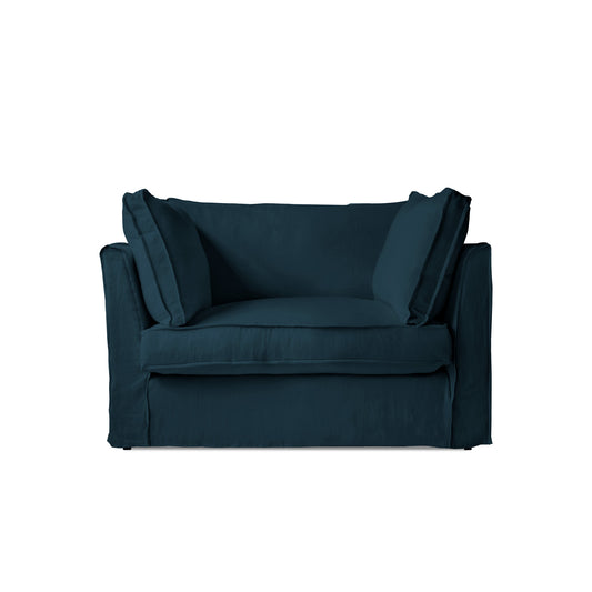 Coco Loveseat with Box Edge Cushion in Indigo Linen - Made to Order