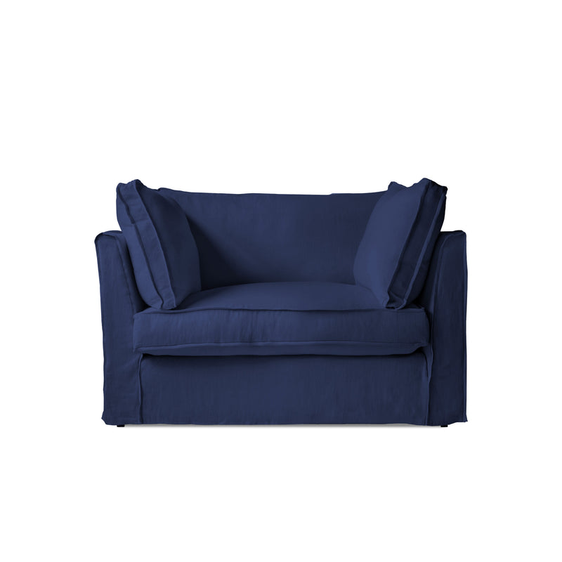 Coco Loveseat with Self Piped Box Edge cushion in Cotton Linen Inkspot - Made to Order