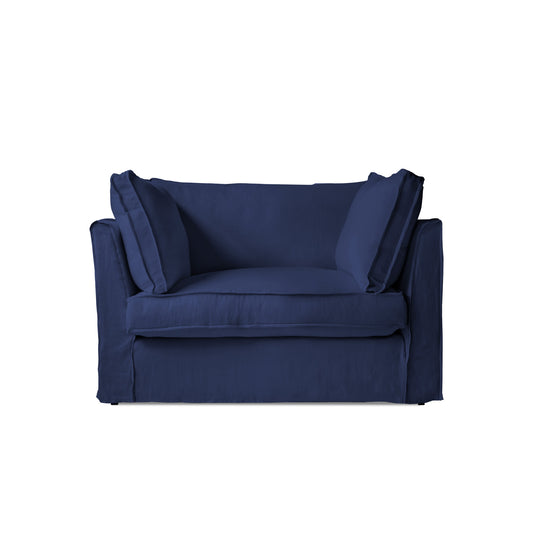Coco Loveseat with Self Piped Box Edge cushion in Cotton Linen Inkspot - Made to Order