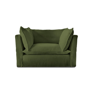 Coco Loveseat with Self Piped Knife Edge cushion in Cotton Linen Evergreen - Made to Order